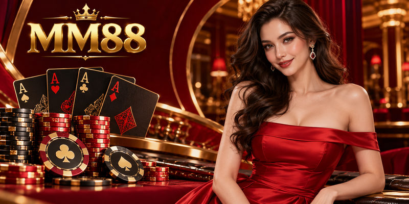 Người đẹp MM88 trong sảnh casino đỏ vàng